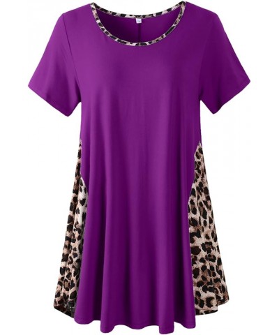 Leopard Print Tops for Womens Short Sleeve Shirts Plus Size Tunic Swing Summer Clothes Color Block Tee Deep Purple $14.99 Tops