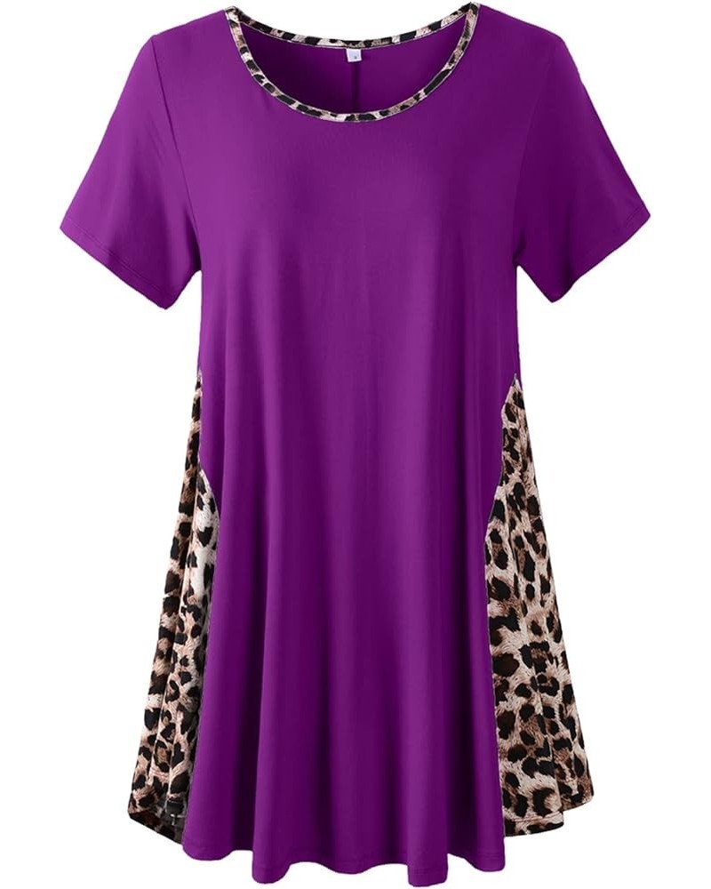 Leopard Print Tops for Womens Short Sleeve Shirts Plus Size Tunic Swing Summer Clothes Color Block Tee Deep Purple $14.99 Tops