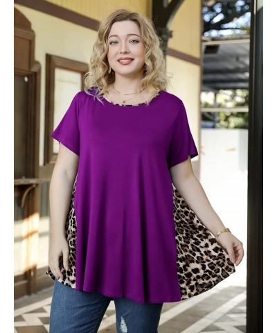 Leopard Print Tops for Womens Short Sleeve Shirts Plus Size Tunic Swing Summer Clothes Color Block Tee Deep Purple $14.99 Tops