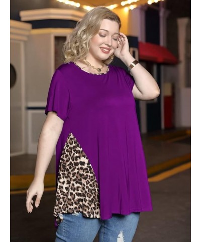 Leopard Print Tops for Womens Short Sleeve Shirts Plus Size Tunic Swing Summer Clothes Color Block Tee Deep Purple $14.99 Tops