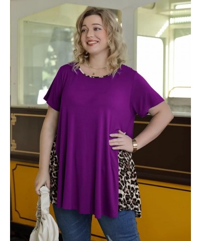 Leopard Print Tops for Womens Short Sleeve Shirts Plus Size Tunic Swing Summer Clothes Color Block Tee Deep Purple $14.99 Tops