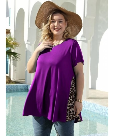 Leopard Print Tops for Womens Short Sleeve Shirts Plus Size Tunic Swing Summer Clothes Color Block Tee Deep Purple $14.99 Tops