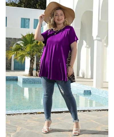 Leopard Print Tops for Womens Short Sleeve Shirts Plus Size Tunic Swing Summer Clothes Color Block Tee Deep Purple $14.99 Tops