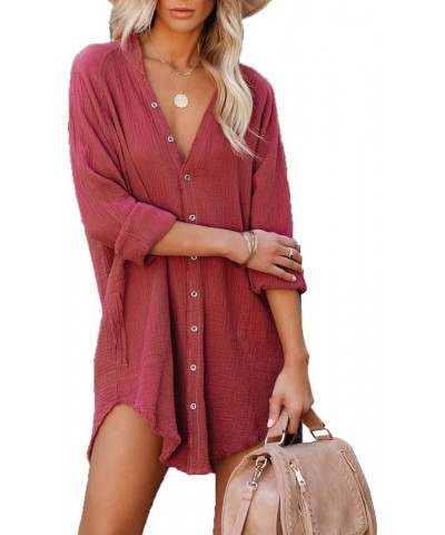 Women's Long Sleeve Cotton Button Down Tunic Dresses Beach Cover-ups Oversized Blouse Tops with Pockets 3_desert Rose $20.09 ...