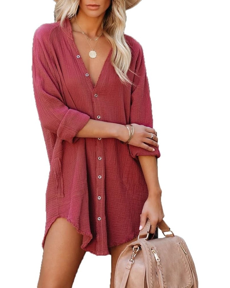 Women's Long Sleeve Cotton Button Down Tunic Dresses Beach Cover-ups Oversized Blouse Tops with Pockets 3_desert Rose $20.09 ...