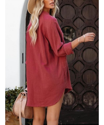 Women's Long Sleeve Cotton Button Down Tunic Dresses Beach Cover-ups Oversized Blouse Tops with Pockets 3_desert Rose $20.09 ...