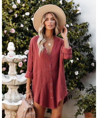 Women's Long Sleeve Cotton Button Down Tunic Dresses Beach Cover-ups Oversized Blouse Tops with Pockets 3_desert Rose $20.09 ...