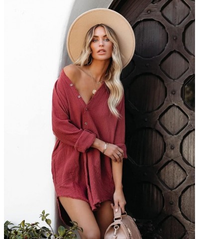 Women's Long Sleeve Cotton Button Down Tunic Dresses Beach Cover-ups Oversized Blouse Tops with Pockets 3_desert Rose $20.09 ...