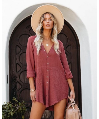 Women's Long Sleeve Cotton Button Down Tunic Dresses Beach Cover-ups Oversized Blouse Tops with Pockets 3_desert Rose $20.09 ...