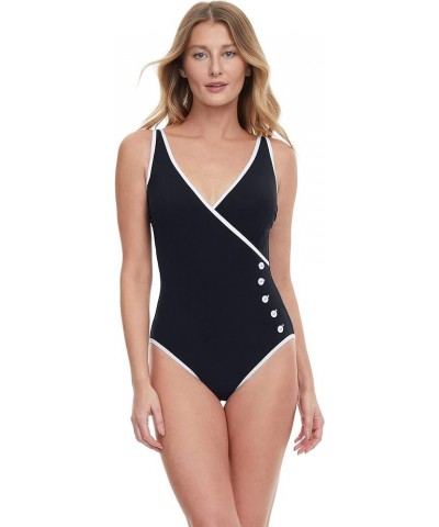 Women's Standard Sail to Sunsets Surplice One Piece Black/White $47.93 Swimsuits