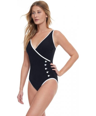 Women's Standard Sail to Sunsets Surplice One Piece Black/White $47.93 Swimsuits