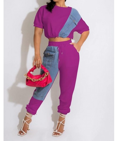 Womens Sexy 2 Piece Outfits Set - Demin Patchwork Crop Tops High Waisted Bodycon Pants Sets Sports Tracksuit Clubwear Purple ...