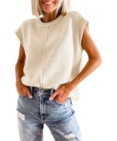 Women 2023 Mock Neck Sweater Vest High Neck Cap Sleeve Knit Ribbed Sweater Top C-cap Sleeve Apricot Sweater Vest $13.34 Sweaters