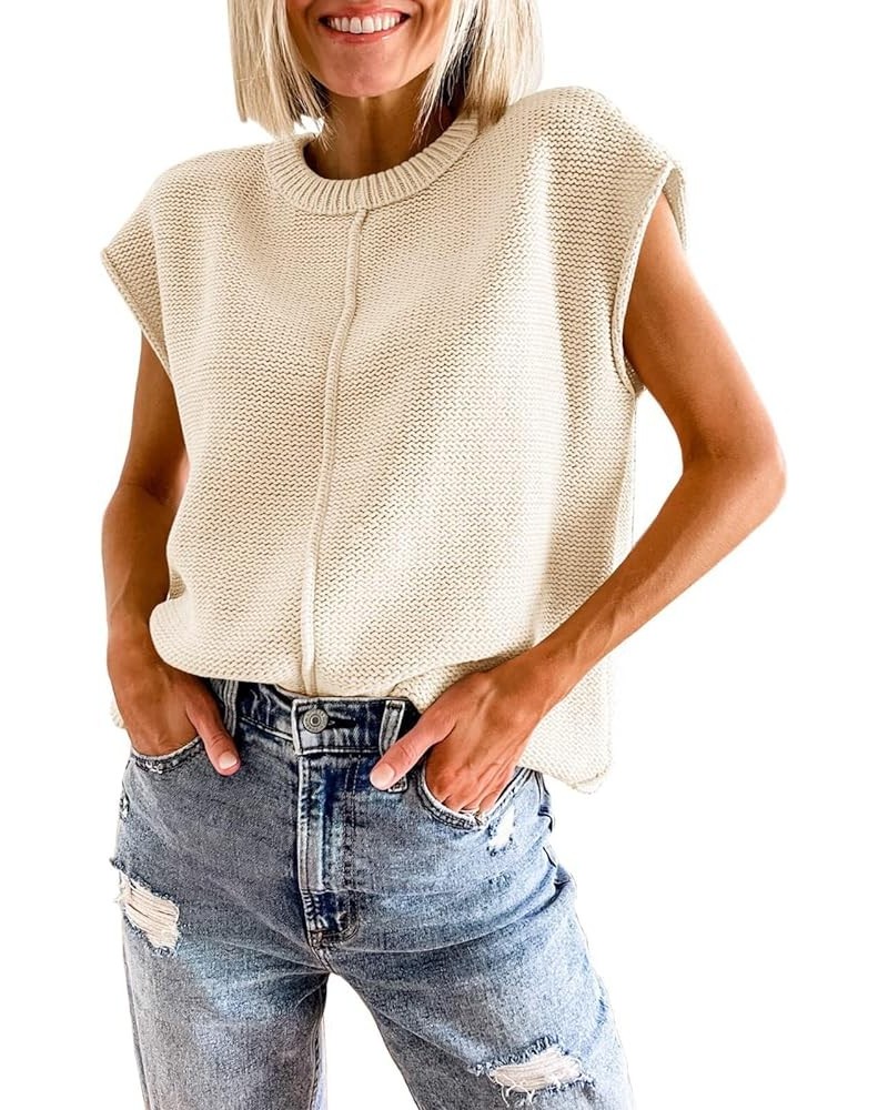 Women 2023 Mock Neck Sweater Vest High Neck Cap Sleeve Knit Ribbed Sweater Top C-cap Sleeve Apricot Sweater Vest $13.34 Sweaters