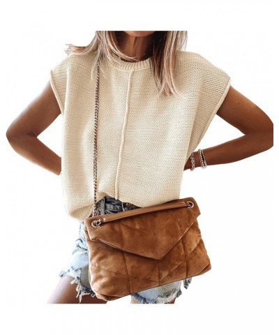 Women 2023 Mock Neck Sweater Vest High Neck Cap Sleeve Knit Ribbed Sweater Top C-cap Sleeve Apricot Sweater Vest $13.34 Sweaters