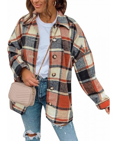 Flannel Cropped Plaid Jacket for Women Color Block Button Down Shacket Coat A-orange $13.76 Jackets