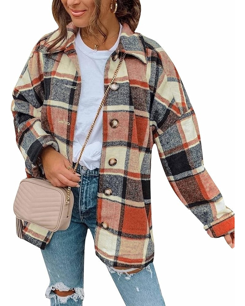 Flannel Cropped Plaid Jacket for Women Color Block Button Down Shacket Coat A-orange $13.76 Jackets