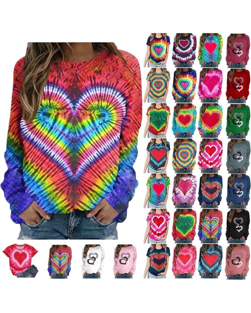 Valentines Day Shirts Women Short/Long Sleeve Crewneck Cute Summer Tops Tie Dye Heart Printed Graphic Tees T Shirts B03-red $...