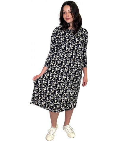 Women's Modest Lightweight Knit Mid Knee T-Shirt Dress with 3-4 Sleeves Black Grey Brushwork $22.68 Dresses