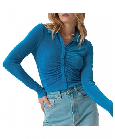 Women's Sexy Ruched Ruffle Buttons Down Collar Long Sleeve Slim Fit Crop Top Tee Shirts Blouse Cardigan Blue $10.56 Blouses