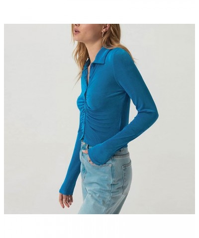 Women's Sexy Ruched Ruffle Buttons Down Collar Long Sleeve Slim Fit Crop Top Tee Shirts Blouse Cardigan Blue $10.56 Blouses