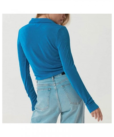 Women's Sexy Ruched Ruffle Buttons Down Collar Long Sleeve Slim Fit Crop Top Tee Shirts Blouse Cardigan Blue $10.56 Blouses