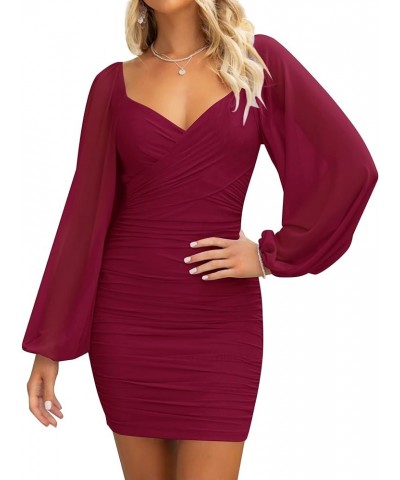 Women's Sexy V Neck Ruched Bodycon Mini Dress Puff Long Sleeve Cocktail Wedding Party Short Dresses Wine $16.10 Dresses