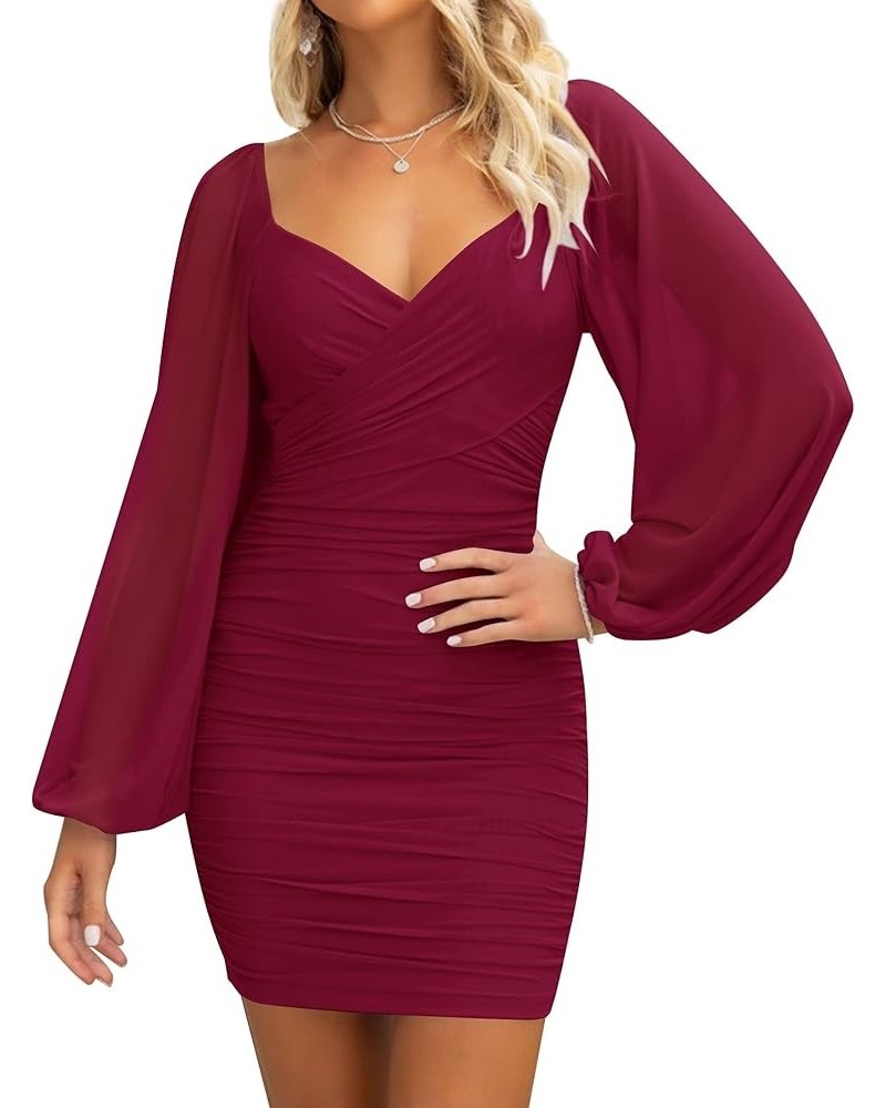 Women's Sexy V Neck Ruched Bodycon Mini Dress Puff Long Sleeve Cocktail Wedding Party Short Dresses Wine $16.10 Dresses