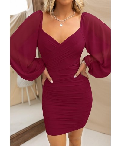 Women's Sexy V Neck Ruched Bodycon Mini Dress Puff Long Sleeve Cocktail Wedding Party Short Dresses Wine $16.10 Dresses