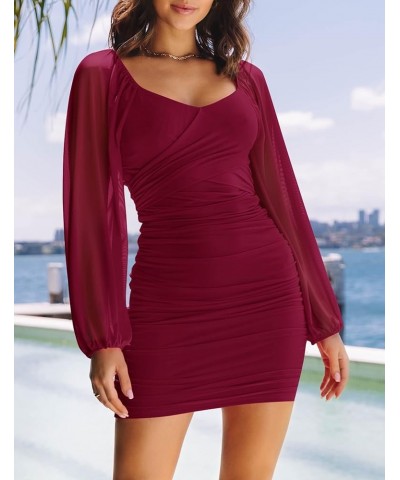 Women's Sexy V Neck Ruched Bodycon Mini Dress Puff Long Sleeve Cocktail Wedding Party Short Dresses Wine $16.10 Dresses