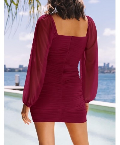 Women's Sexy V Neck Ruched Bodycon Mini Dress Puff Long Sleeve Cocktail Wedding Party Short Dresses Wine $16.10 Dresses