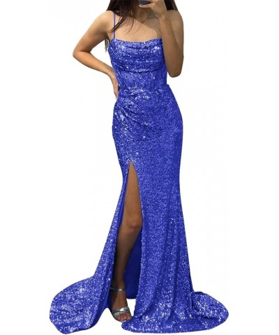 Sequin Mermaid Prom Dress Long Cowl Neck Spaghetti Straps Evening Gowns with Slit Appliques Royal Blue $27.95 Dresses