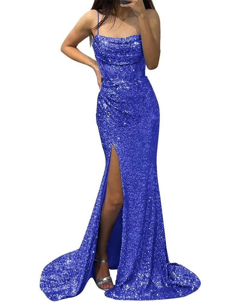 Sequin Mermaid Prom Dress Long Cowl Neck Spaghetti Straps Evening Gowns with Slit Appliques Royal Blue $27.95 Dresses