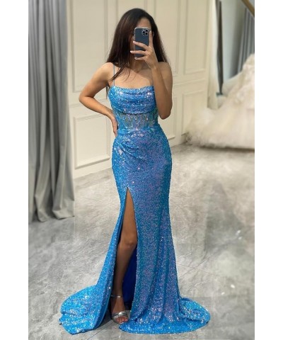 Sequin Mermaid Prom Dress Long Cowl Neck Spaghetti Straps Evening Gowns with Slit Appliques Royal Blue $27.95 Dresses