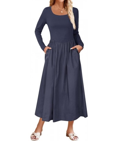 Women's 2024 Long Sleeve Scoop Neck Dress Casual Loose A line Midi Dresses with Pockets Navy $23.93 Dresses