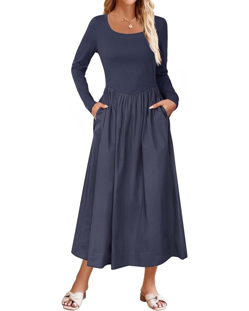 Women's 2024 Long Sleeve Scoop Neck Dress Casual Loose A line Midi Dresses with Pockets Navy $23.93 Dresses