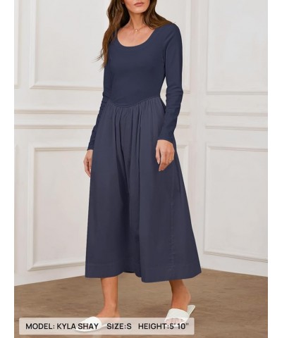 Women's 2024 Long Sleeve Scoop Neck Dress Casual Loose A line Midi Dresses with Pockets Navy $23.93 Dresses