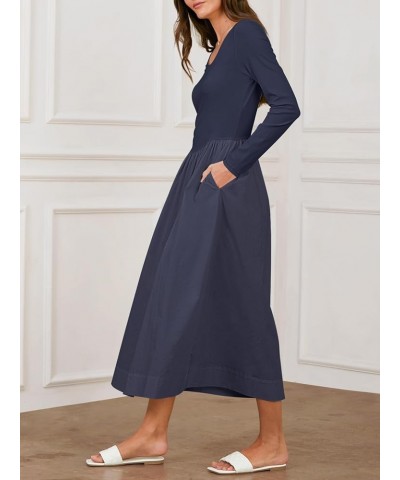 Women's 2024 Long Sleeve Scoop Neck Dress Casual Loose A line Midi Dresses with Pockets Navy $23.93 Dresses