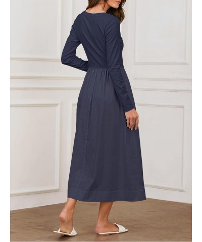 Women's 2024 Long Sleeve Scoop Neck Dress Casual Loose A line Midi Dresses with Pockets Navy $23.93 Dresses