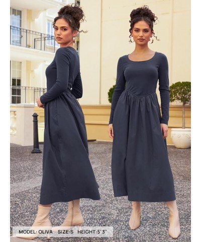 Women's 2024 Long Sleeve Scoop Neck Dress Casual Loose A line Midi Dresses with Pockets Navy $23.93 Dresses