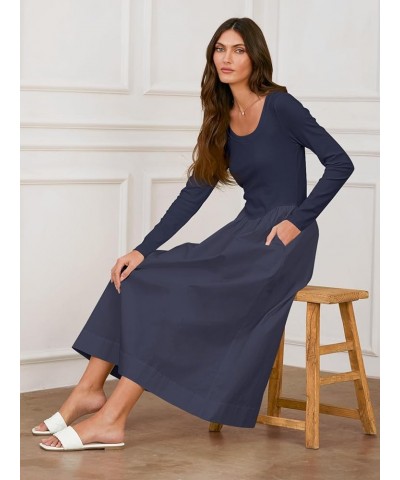 Women's 2024 Long Sleeve Scoop Neck Dress Casual Loose A line Midi Dresses with Pockets Navy $23.93 Dresses