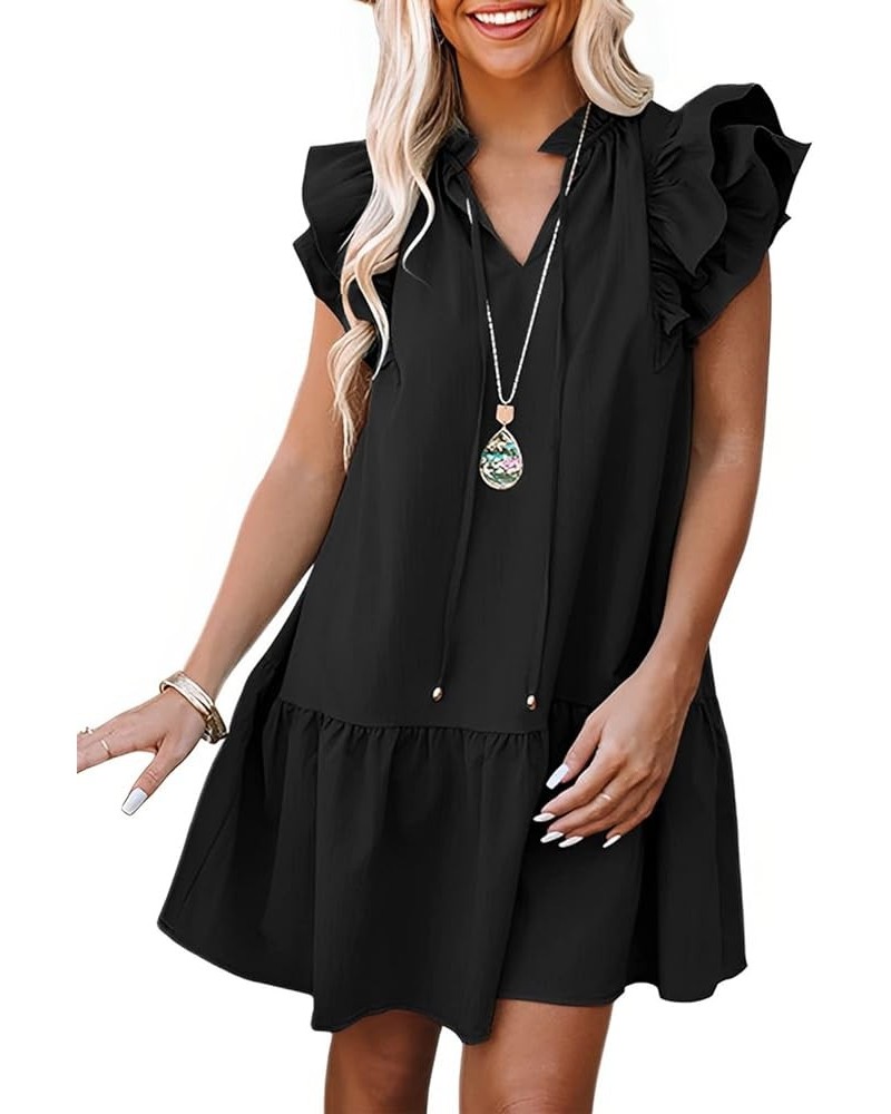 Womens 2024 Summer V-Neck Drawstring Ruffle Cap Short Sleeve Side Pockets Mini Dress Sundress Black $15.70 Dresses