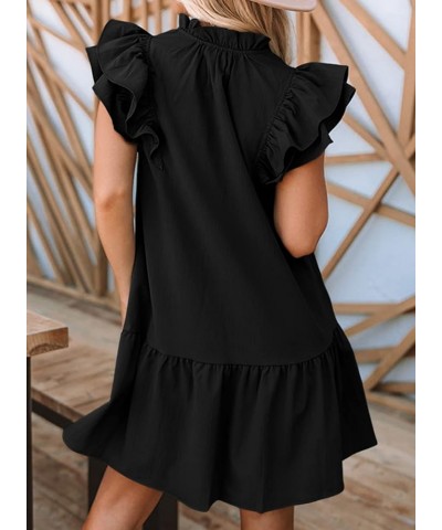 Womens 2024 Summer V-Neck Drawstring Ruffle Cap Short Sleeve Side Pockets Mini Dress Sundress Black $15.70 Dresses