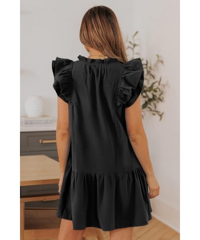 Womens 2024 Summer V-Neck Drawstring Ruffle Cap Short Sleeve Side Pockets Mini Dress Sundress Black $15.70 Dresses