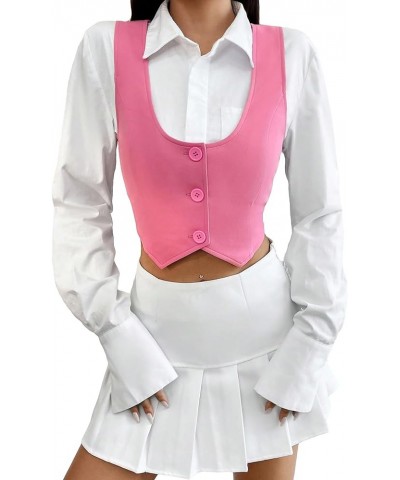 Women's Single Breasted Sleeveless Crop Vest Blazer Waistcoat Pink $12.00 Vests