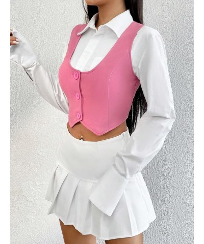 Women's Single Breasted Sleeveless Crop Vest Blazer Waistcoat Pink $12.00 Vests