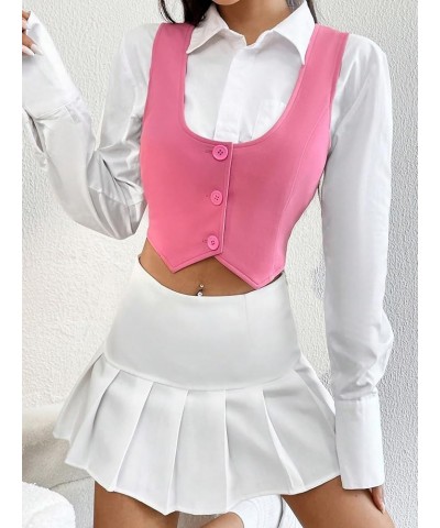 Women's Single Breasted Sleeveless Crop Vest Blazer Waistcoat Pink $12.00 Vests