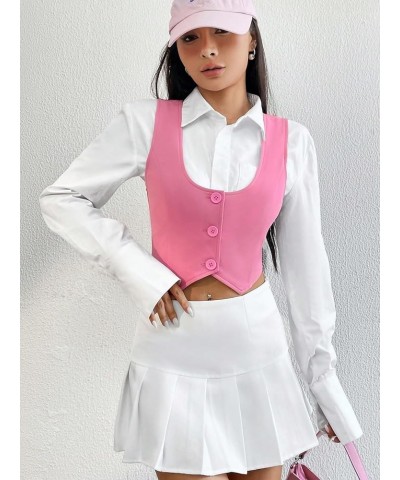 Women's Single Breasted Sleeveless Crop Vest Blazer Waistcoat Pink $12.00 Vests