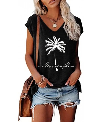 Women's Cap Sleeve Tank Tops V Neck Solid Print Casual Short Sleeve Loose Basic Shirt Coconut Tree $11.07 Tops