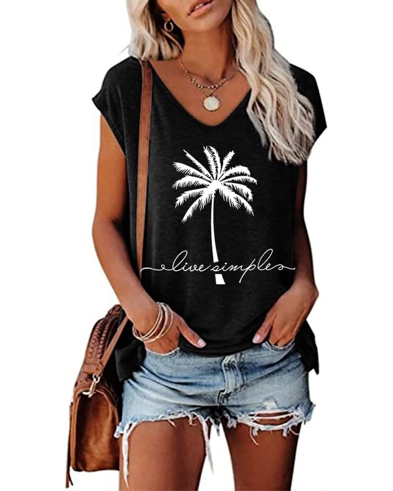 Women's Cap Sleeve Tank Tops V Neck Solid Print Casual Short Sleeve Loose Basic Shirt Coconut Tree $11.07 Tops